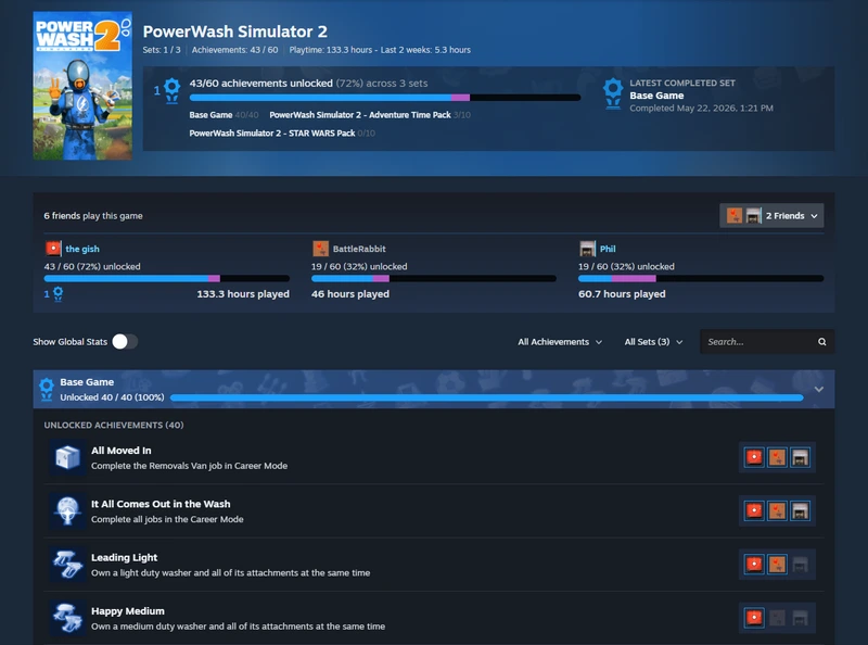 Страница достижений PowerWash Simulator 2 со сравнением прогресса трёх друзей