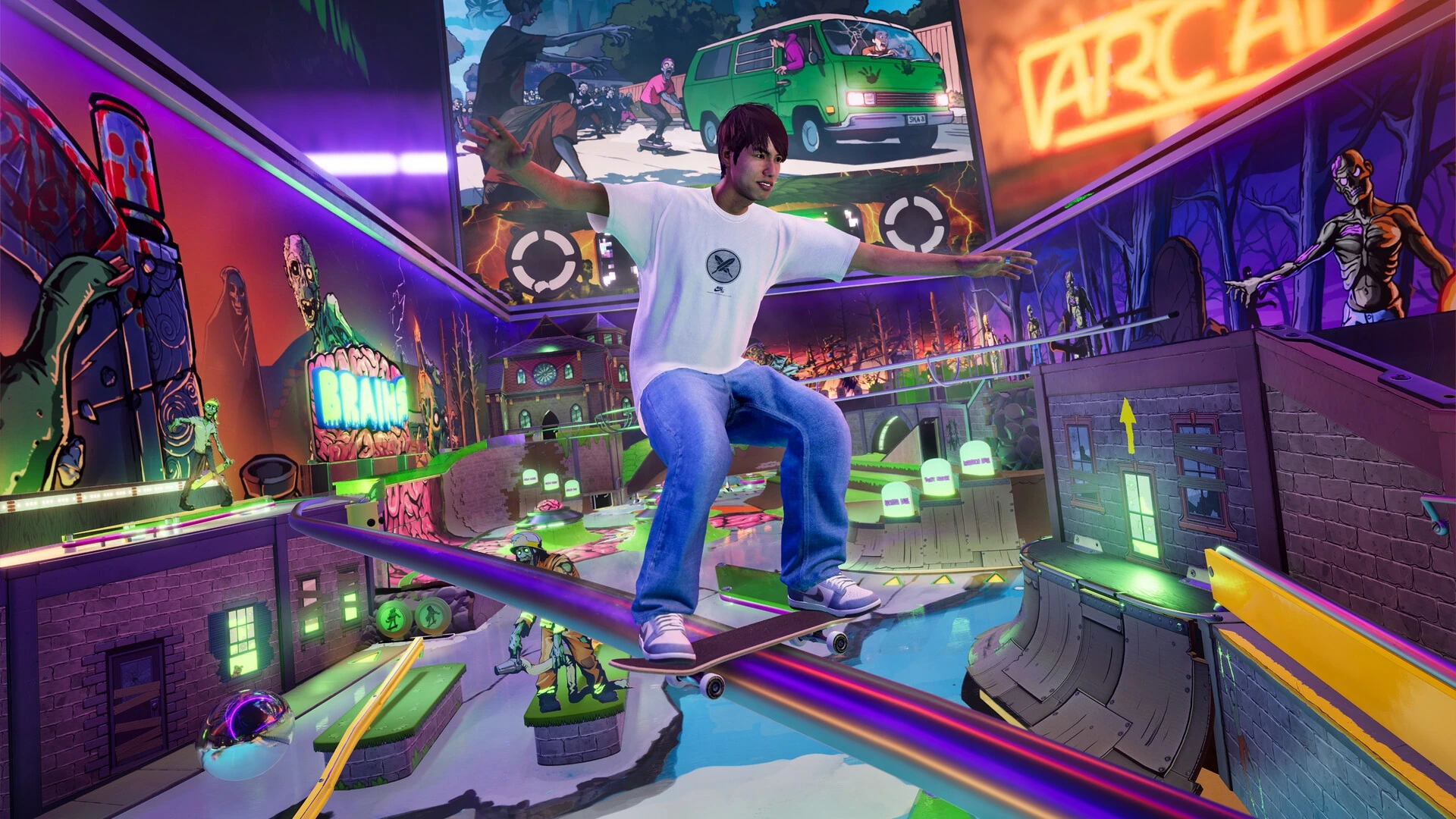 Ein Skater springt in einer neonbeleuchteten Spielhalle