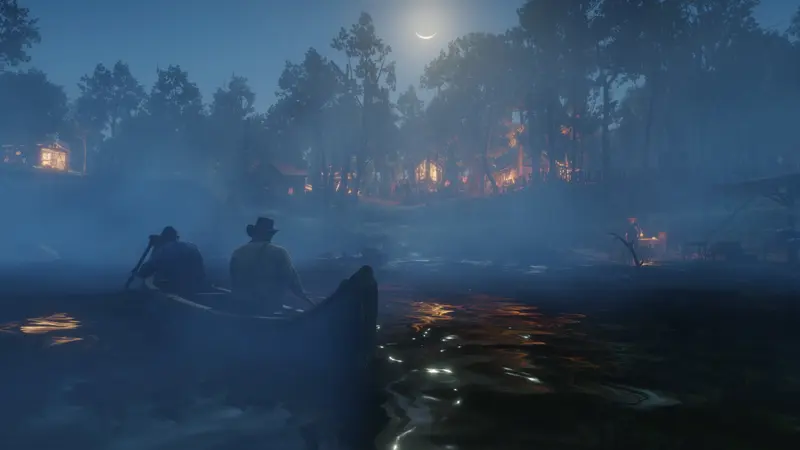 Red Dead Redemption 2: Ein Boot auf dem Wasser bei Nacht