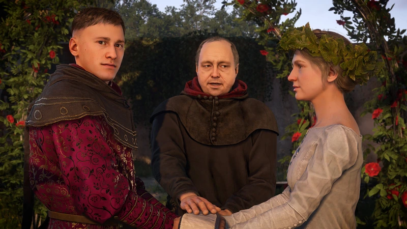 Gespräch zwischen mehreren Figuren auf einer Straße in Kingdom Come: Deliverance II