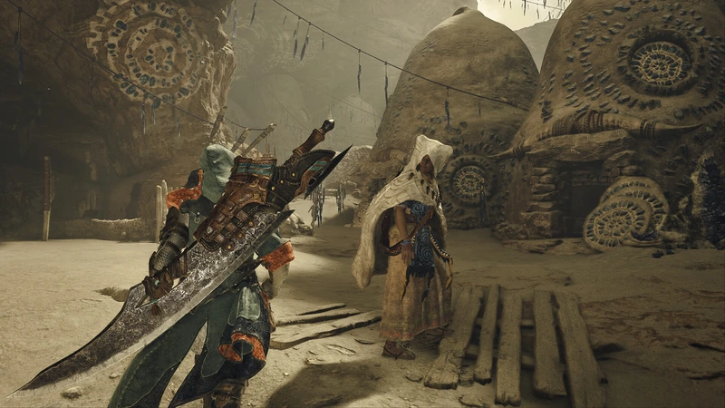 Monster Hunter Wilds: Охотник и спутница перед большим существом