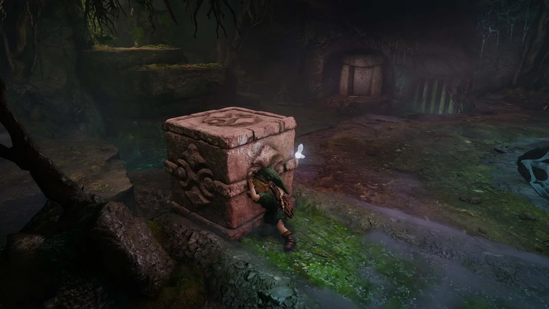 Линк и большой резной каменный куб в подземелье в ремейке The Legend of Zelda: Ocarina of Time