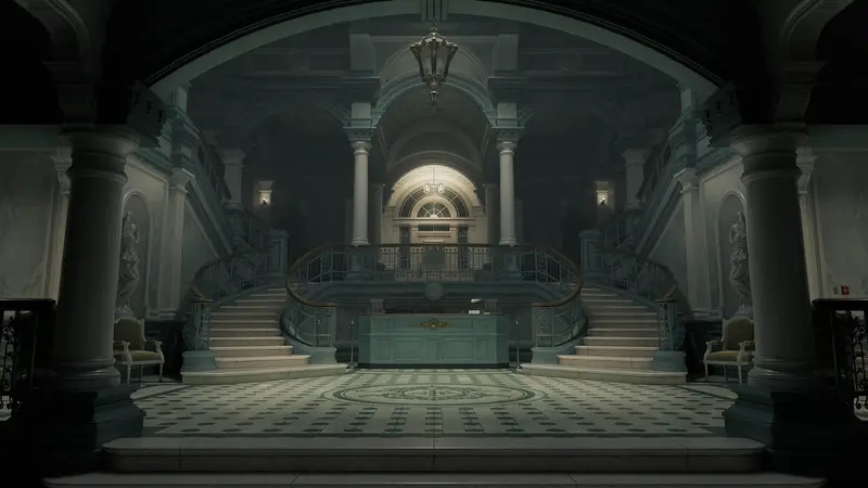 Resident Evil Requiem: Холл с лестницей и балконом