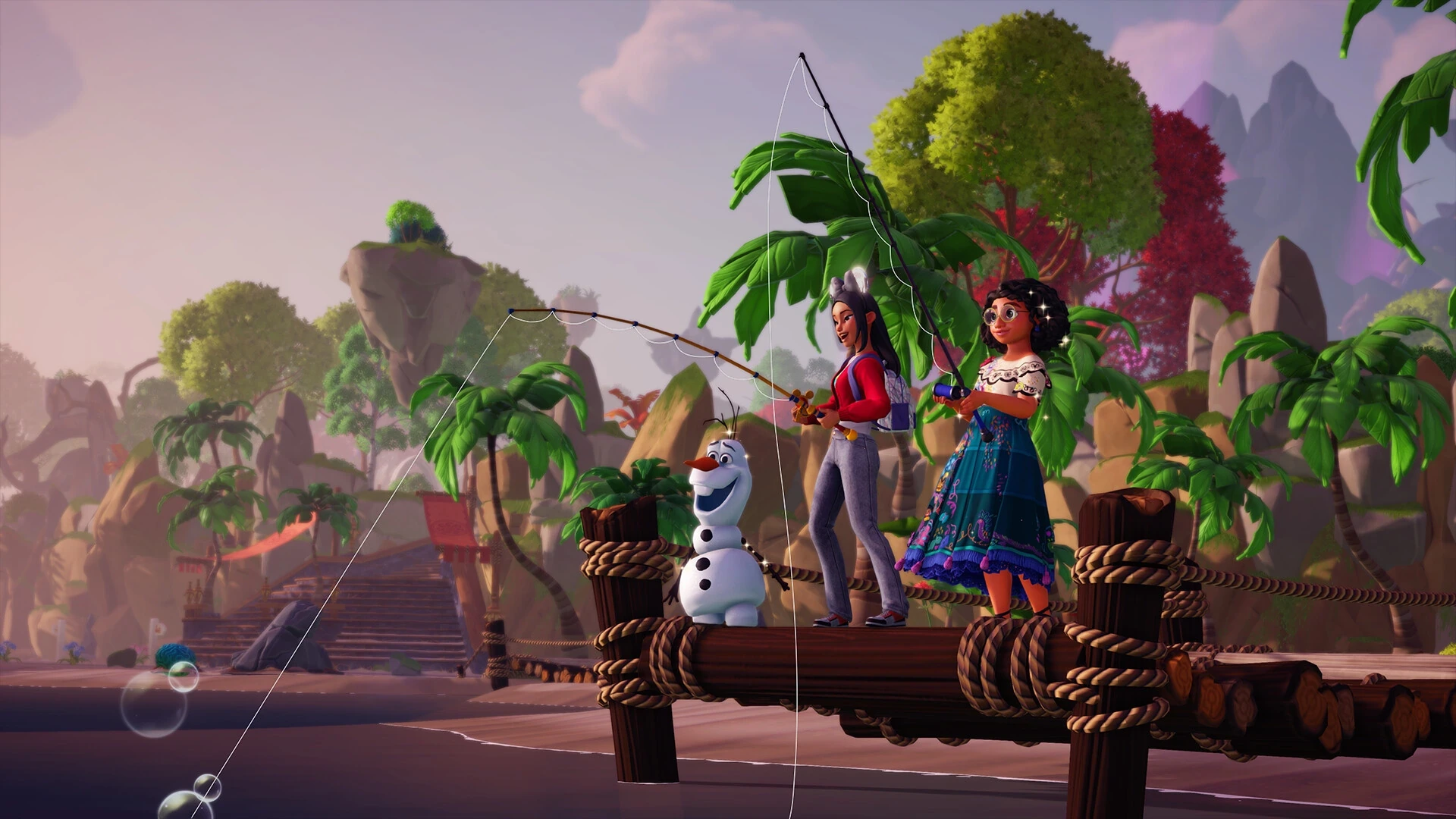 Mehrere Disney-Figuren stehen auf einem Floß im Dschungel