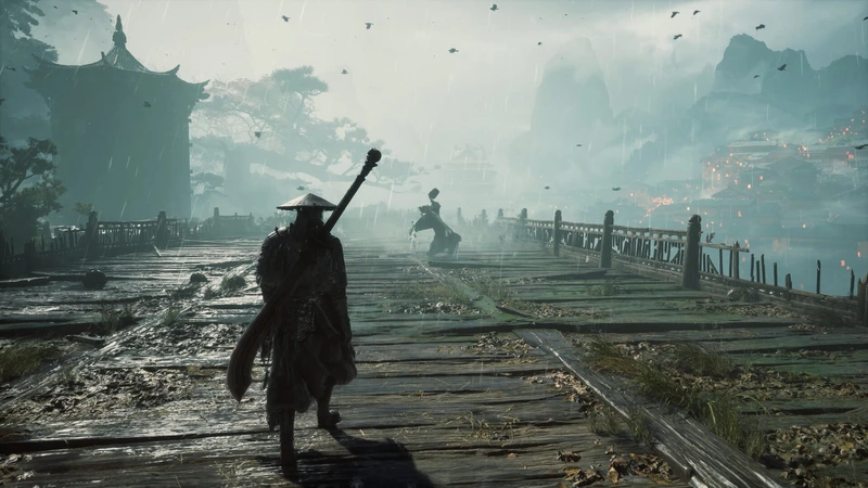 Held aus Phantom Blade Zero auf einer nassen Holzbrücke am Wasser