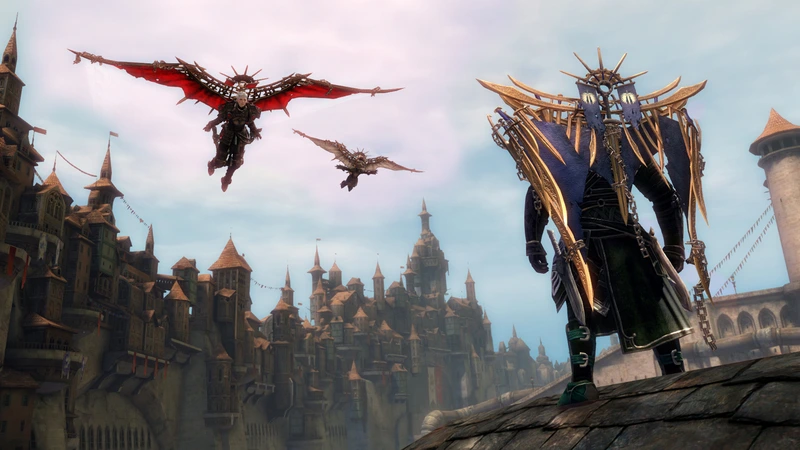 Guild Wars 2: Полёт верхом над городом с крепостными башнями
