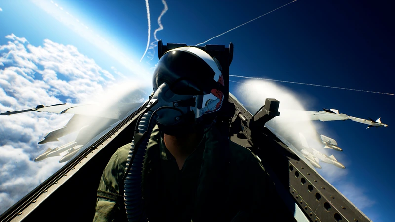 Пилот в кабине истребителя над облаками в Ace Combat 8
