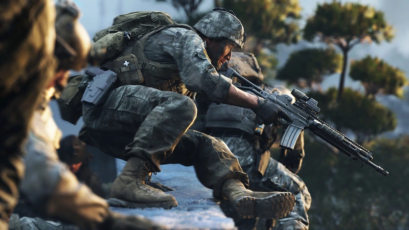 Ein bewaffneter Soldat hinter einer Deckung in Modern Warfare 4