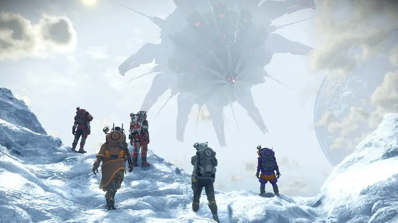 No Man’s Sky: Forscherteam auf einem verschneiten Planeten
