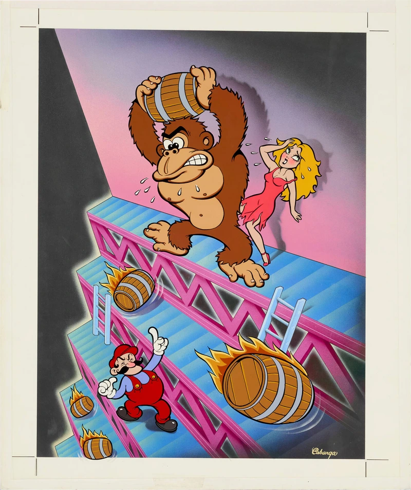 Оригинальная иллюстрация Лесли Кабарги для Donkey Kong 1981 года с Марио, Донки Конгом и Полиной