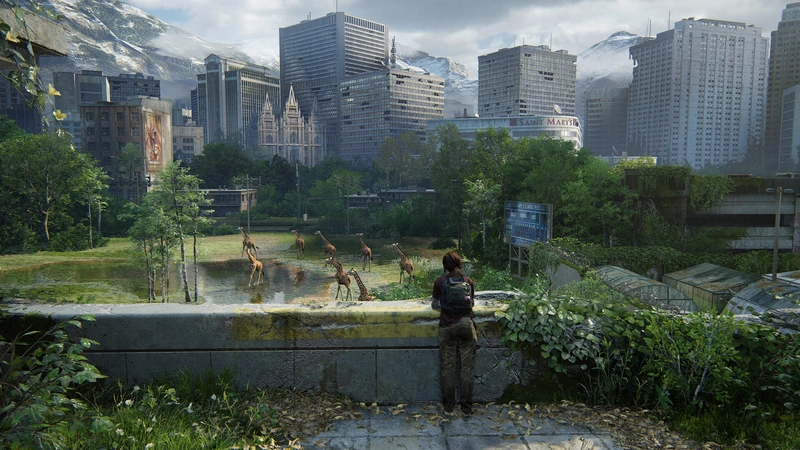 Ellie overlooks giraffes in an overgrown city in The Last of Us Part I