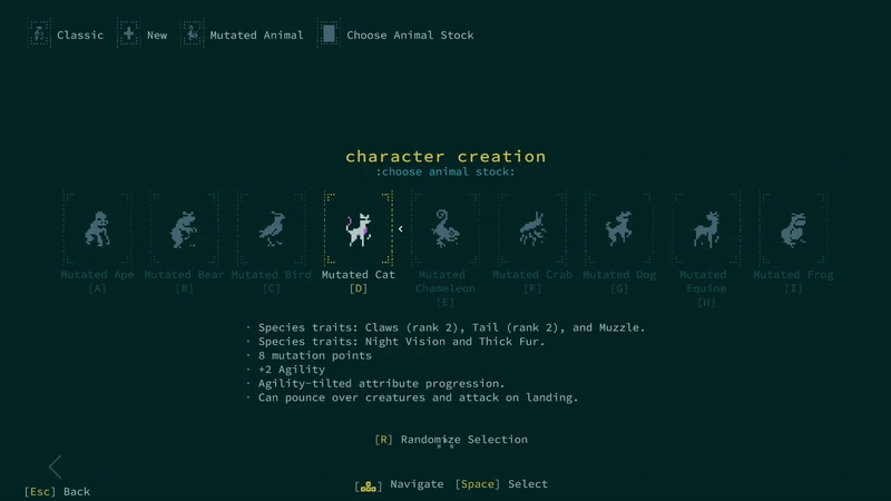 Выбор животного при создании персонажа Diaspora — Caves of Qud