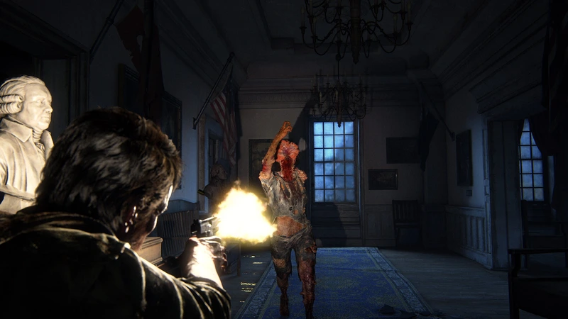 Joel fires at an infected enemy inside a building in The Last of Us Part I