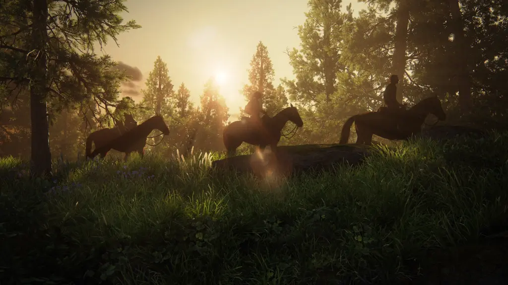 Three riders cross a forest clearing at sunset in The Last of Us Part I