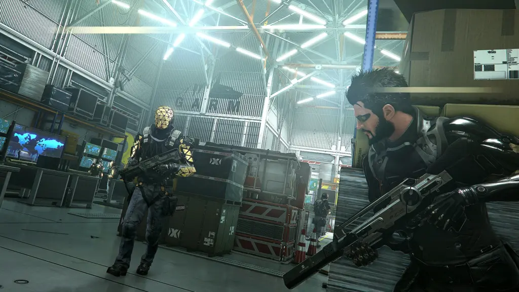 Deus Ex: Mankind Divided: Вооружённый персонаж в лаборатории