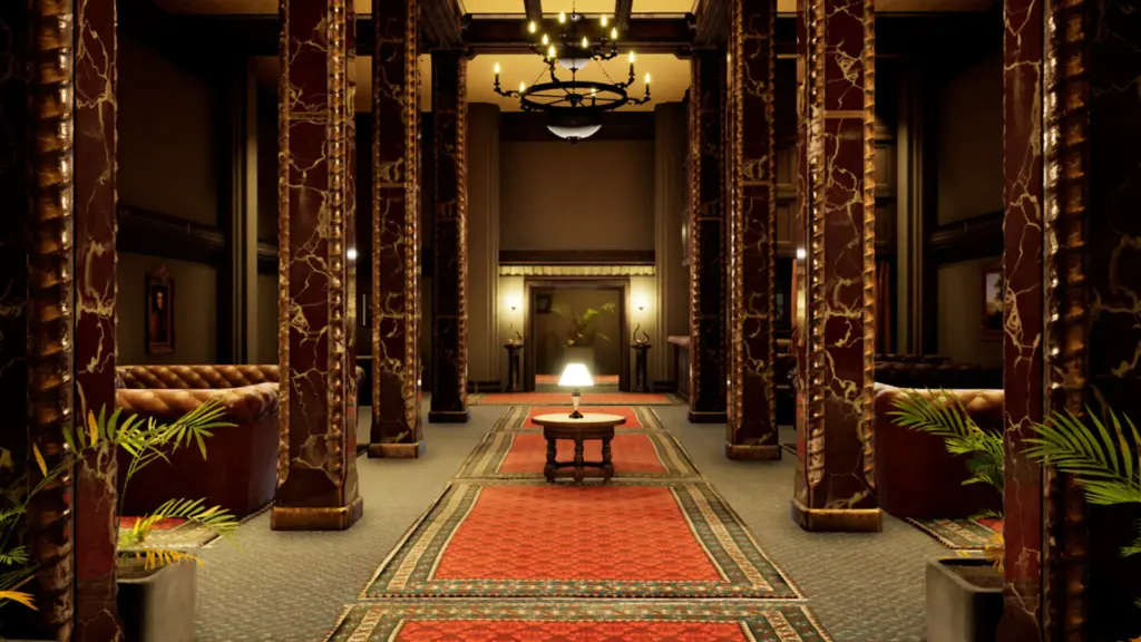 Escape the Backrooms: Зал с деревянными колоннами в Escape the Backrooms