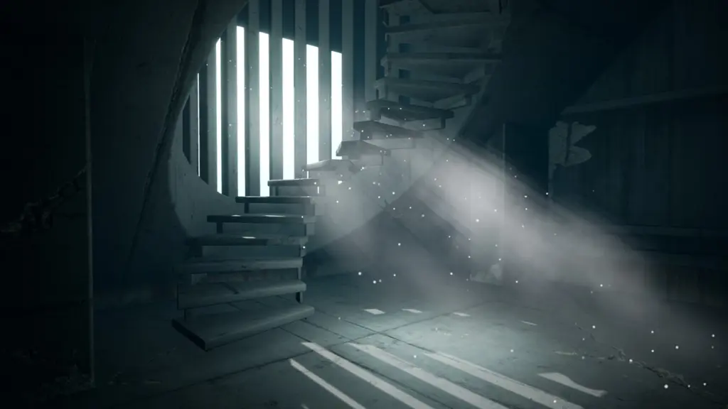Escape the Backrooms: Лестница в слабо освещённом помещении в Escape the Backrooms
