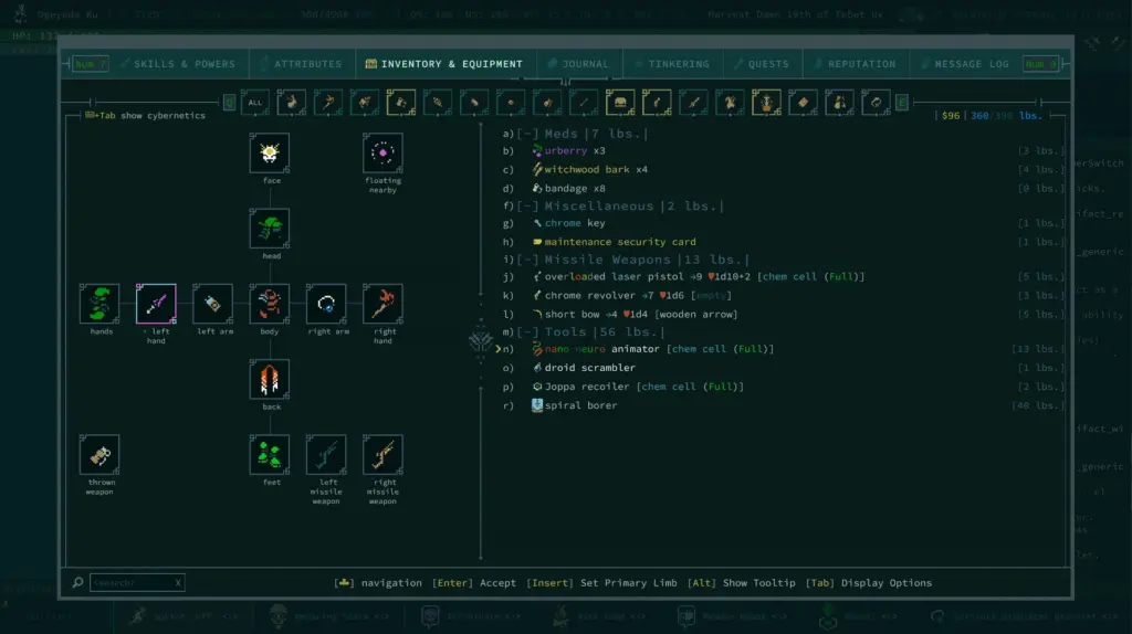 Caves of Qud: Экран снаряжения персонажа — Caves of Qud