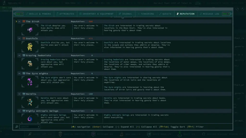 Caves of Qud: Экран репутации у фракций — Caves of Qud