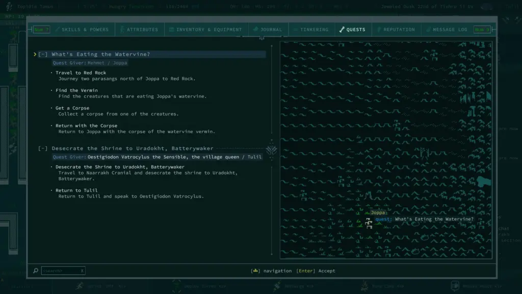Caves of Qud: Журнал заданий на фоне местности — Caves of Qud