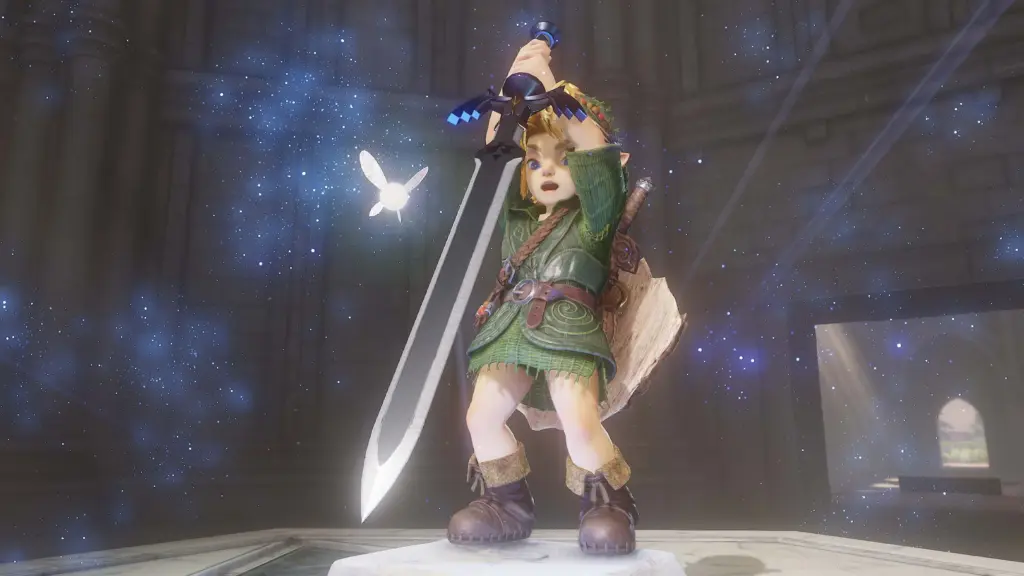 The Legend of Zelda: Ocarina of Time: Линк поднимает меч над пьедесталом