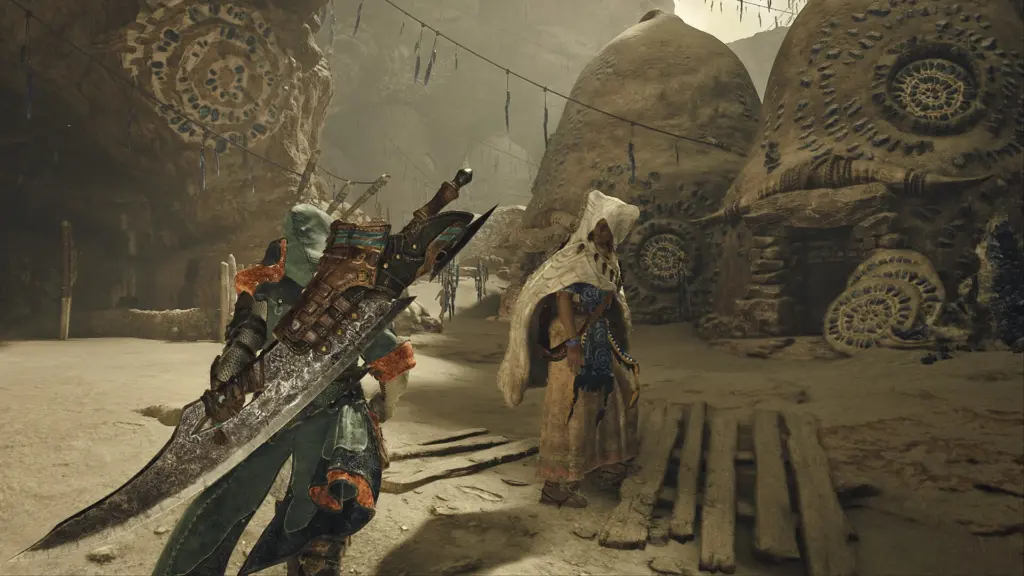 Monster Hunter Wilds: Охотник и спутница перед большим существом