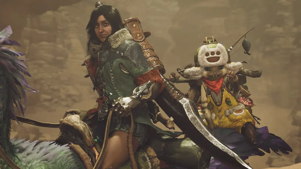 Monster Hunter Wilds: Всадница и палико рядом с охотником