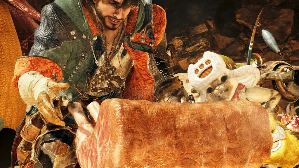 Monster Hunter Wilds: Охотник и палико готовят еду в лагере