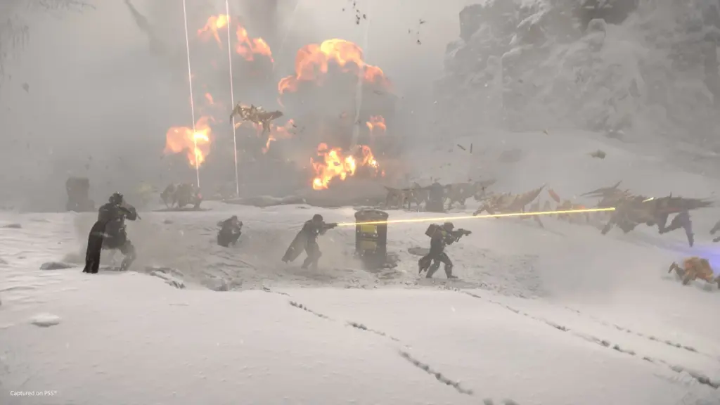 Helldivers 2: Перестрелка отряда на заснеженной равнине