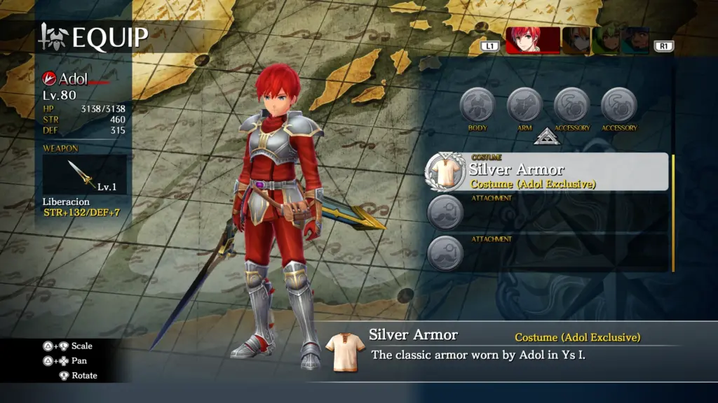 Ys VIII: Lacrimosa of DANA: Экран снаряжения Адола в Ys VIII
