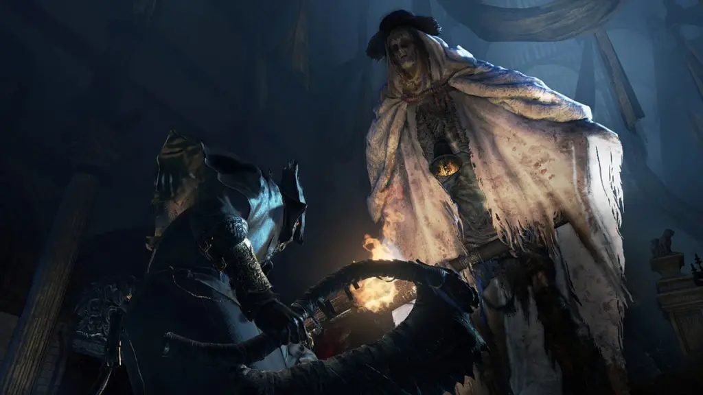 Bloodborne: Персонажи Bloodborne в тускло освещённом помещении