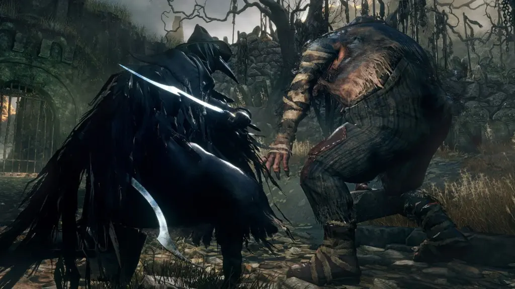 Bloodborne: Охотник против большого чудовища на лесной тропе