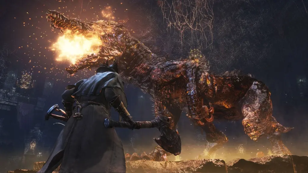 Bloodborne: Огненное чудовище атакует охотника