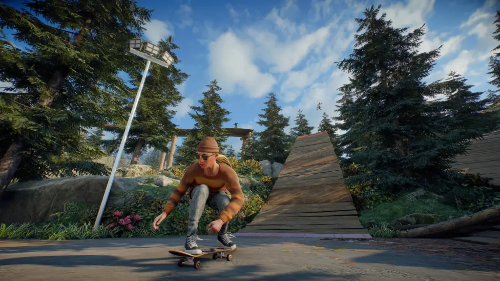 skate.: Скейтбордистка в солнечных очках катается рядом с деревянной рампой в skate.